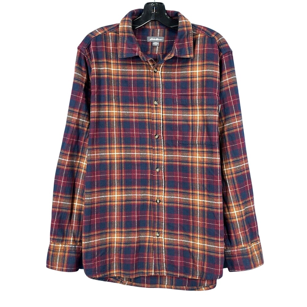 EDDIE BAUER Red/Tan PLAID Flannel FRONT POCKET Long Sleeve BUTTON-UP Shirt Sz M